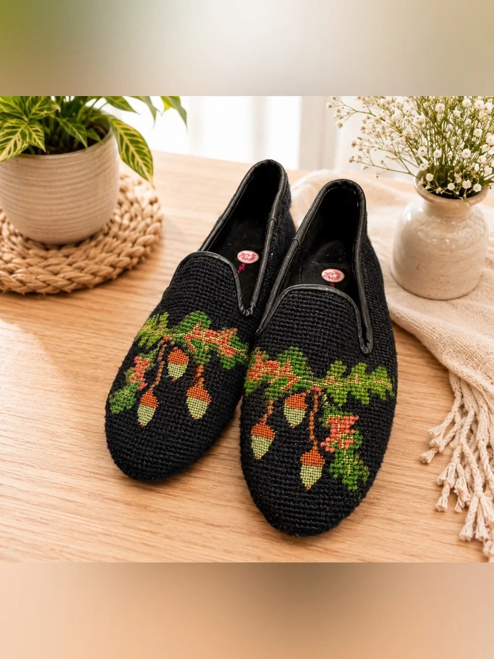 By Paige size 7 hand stitched black wool needlepoint leather loafers